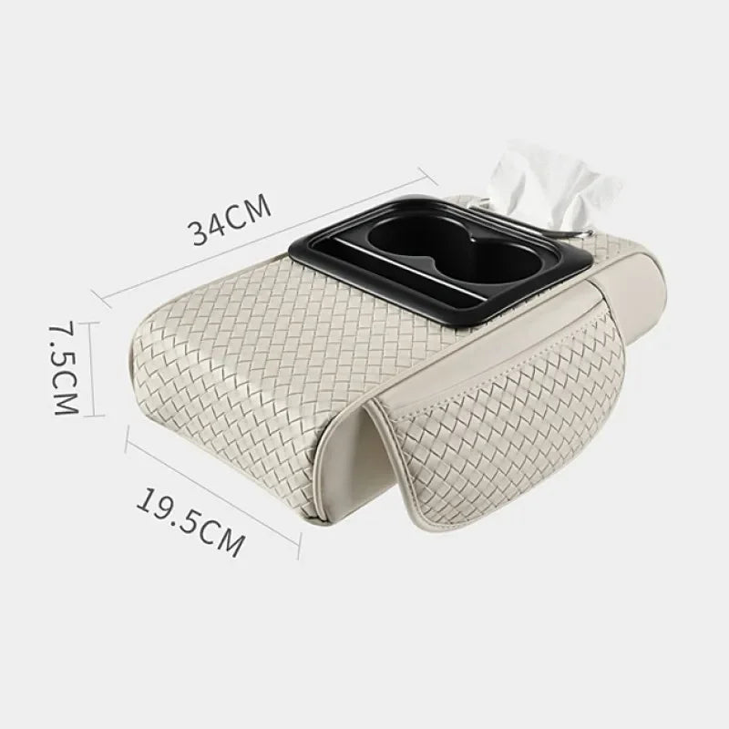 Car Armrest Cushion with Tissue Box, Cup Holder & Phone Pocket – Multifunctional Arm Rest Pad for Trucks and Vehicles - Delicate Leather  
