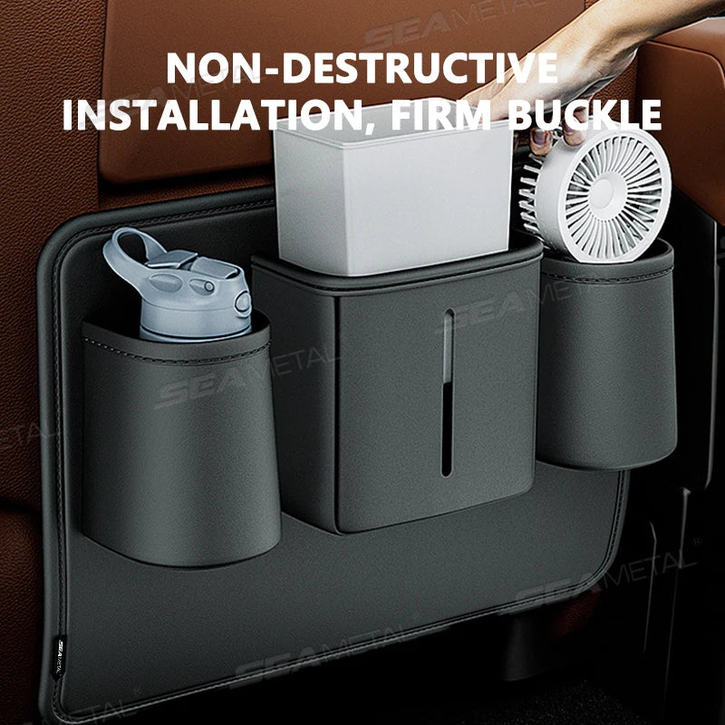 PU Leather Car Seat Back Organizer – Anti-Kick Storage Bag with Tissue Pocket, Cup Holder & Trash Bin - Delicate Leather  