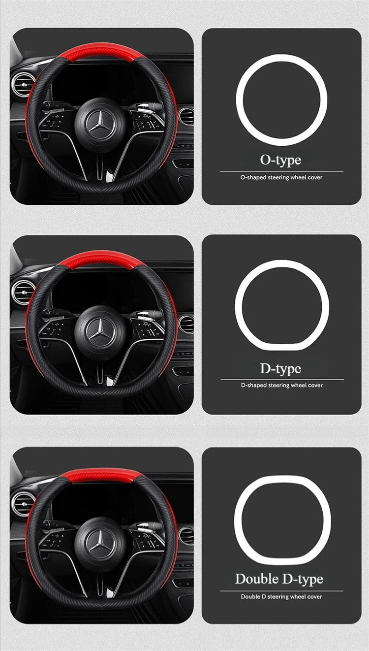 Universal Leather Steering Wheel Cover with Carbon Fiber Style – Non-Slip O/D Type, 14.5–15 Inch - Delicate Leather  