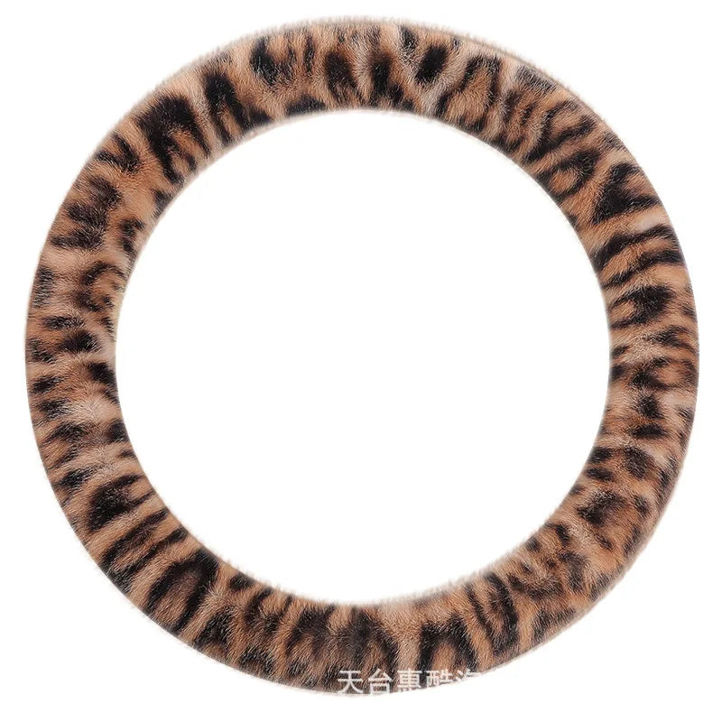 Universal Plush Leopard Print Steering Wheel Cover – Warm Winter Non-Slip Soft Handle Cover for Car Interior - Delicate Leather  