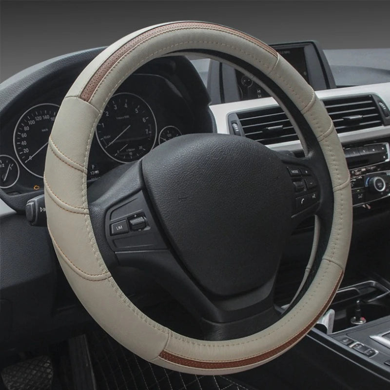 Black Leather Car Steering Wheel Cover – Universal 38cm Fit, Anti-Slip & Breathable Design, Premium Genuine Leather Protection - Delicate Leather  