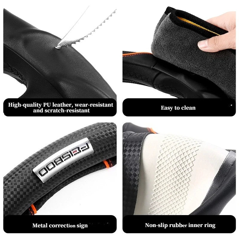 Premium 3D Sport Car Steering Wheel Cover, Anti-Slip, Shock-Absorbing, Ergonomic Grip, Dynamic Contour, Fits 14.5–15" - Delicate Leather  