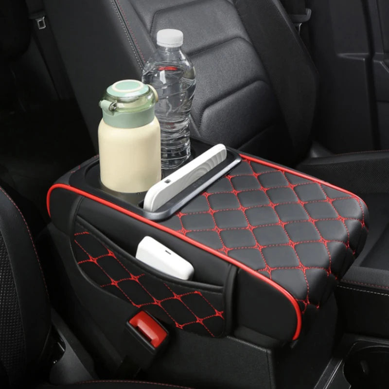 PU Leather Car Center Console Armrest Cushion – Height Pad with Cup Holder and Storage Slots - Delicate Leather  