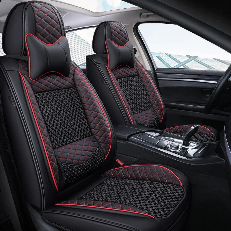 Premium PU Leather & Ice Silk Car Seat Covers with Lumbar Support – Breathable, Wear-Resistant Full Wrap Set (Includes Headrest) - Delicate Leather  