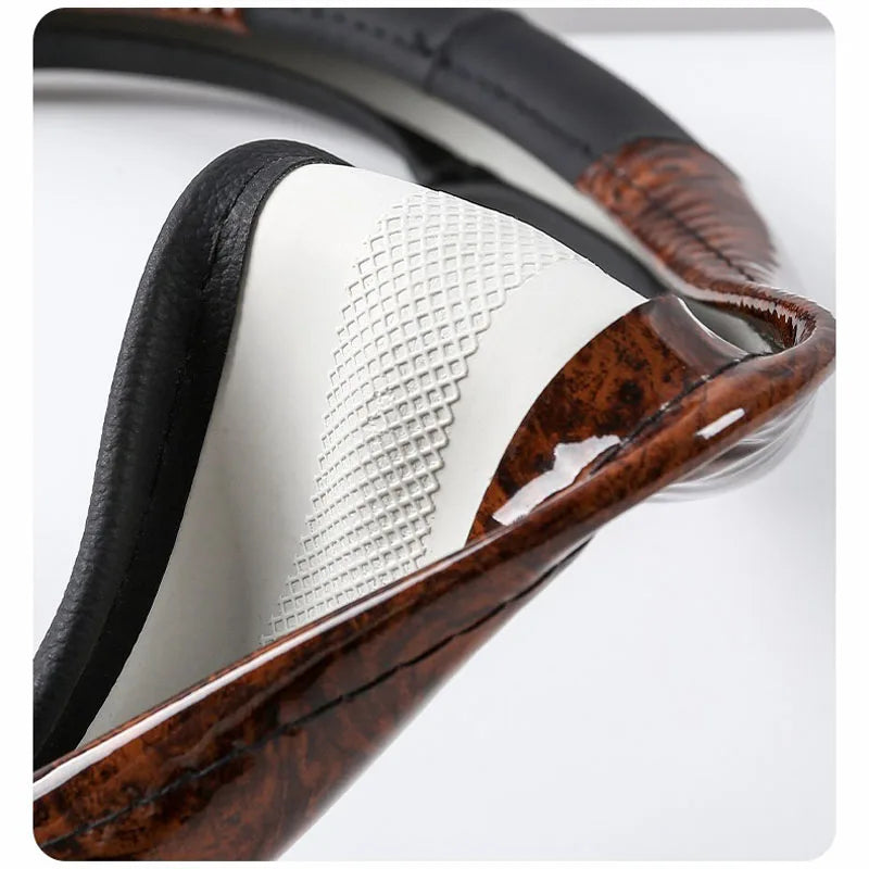Wood Grain Microfiber Leather Steering Wheel Cover – Universal Fit 14.5–15 Inch, Anti-Slip Design, Durable & Comfortable Grip - Delicate Leather  