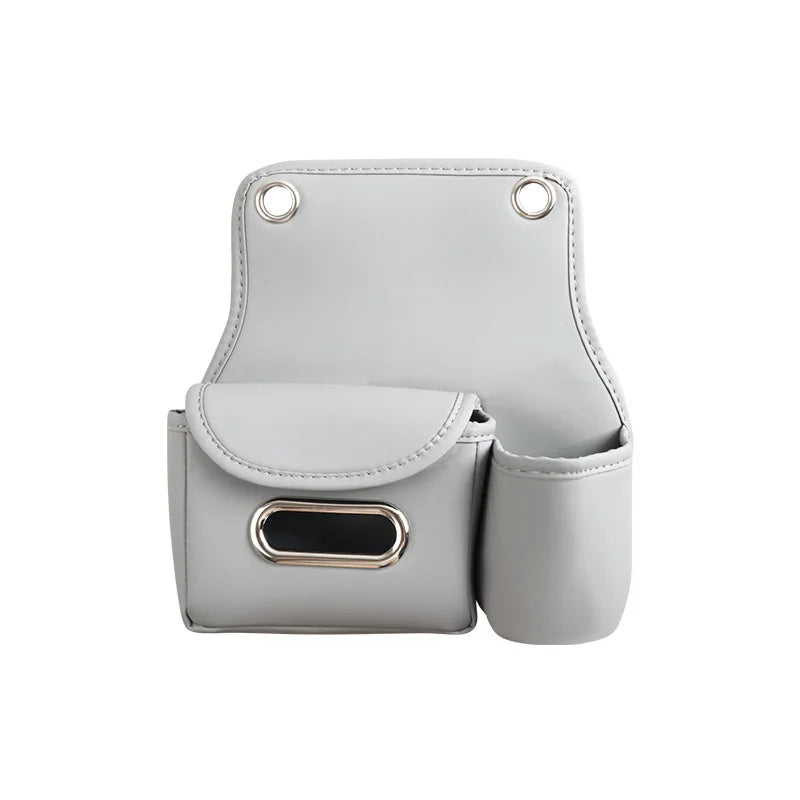 Leather Car Headrest Storage Bag – Backseat Hanging Organizer with Tissue & Cup Holder - Delicate Leather  