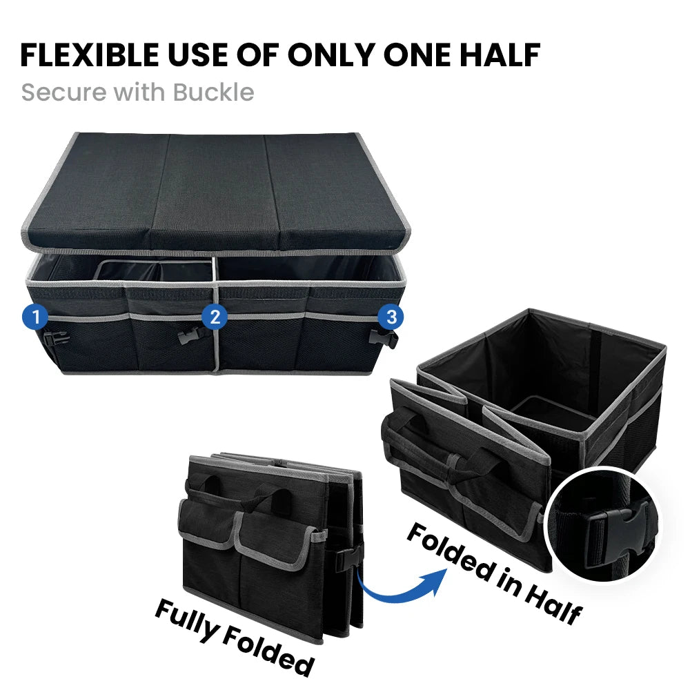 45L Foldable Car Trunk Organizer with Lid – Oxford Fabric Storage Box with Front & Side Pockets - Delicate Leather  