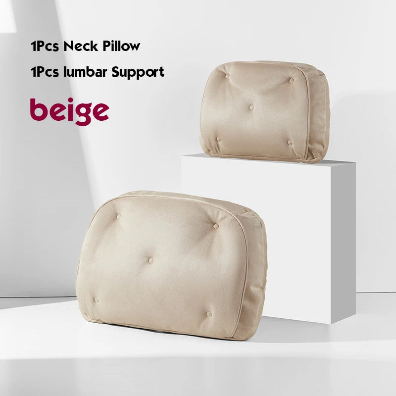Memory Foam Car Neck Pillow & Lumbar Support Set – Breathable Seat Comfort Cushions - Delicate Leather  
