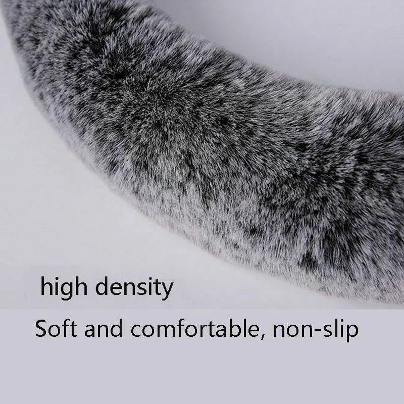 Winter Plush Steering Wheel Cover – Soft Faux Rabbit Fur, Cute Ear Design, Universal Fit 37–38cm - Delicate Leather  
