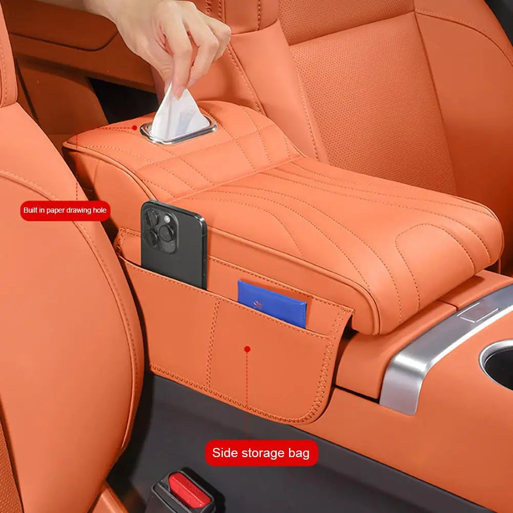 Universal Car Armrest Booster Pad – Memory Foam Armrest Cushion with Storage Pocket, Leather Protective Cover - Delicate Leather  