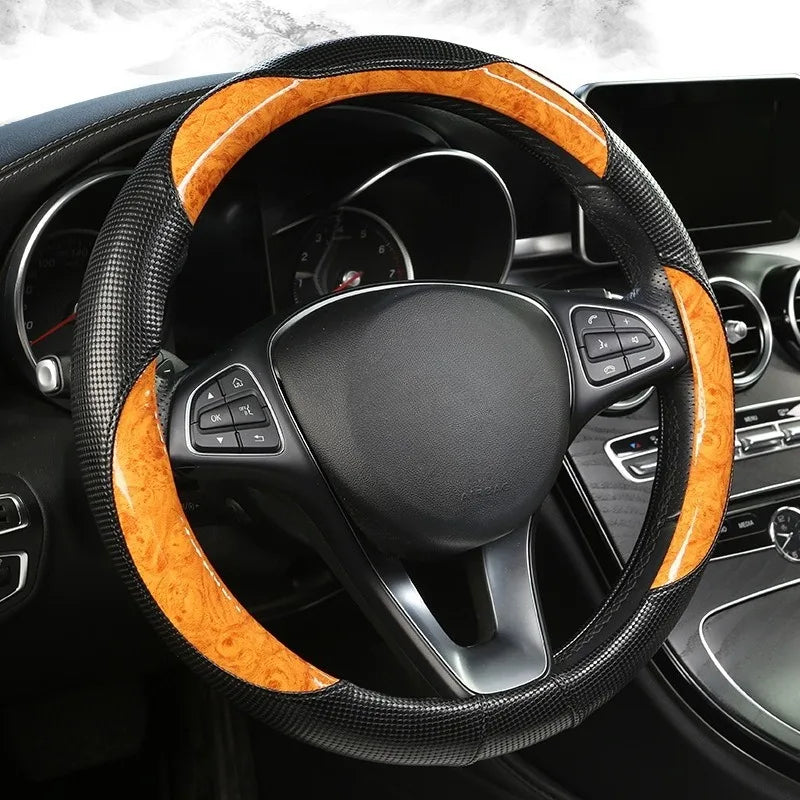 Wood Grain Leather Steering Wheel Cover – Universal 37–38CM Non-Slip O/D Shape Grip - Delicate Leather