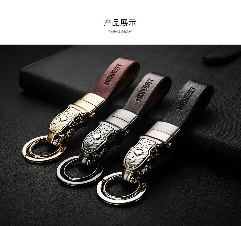 Leather Keychain with LED Light – Leopard Head Pendant Car Key Ring with Removable Belt Clip - Delicate Leather  