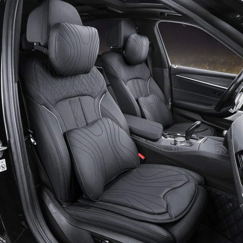 Soft Nappa Leather Car Neck & Lumbar Pillow Set – Ergonomic Headrest and Waist Support - Delicate Leather  