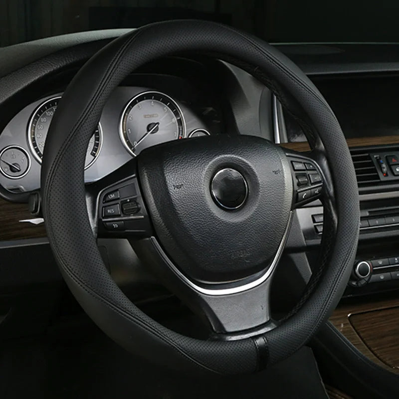Leather Car Steering Wheel Cover Universal Fit 36cm 38cm 39cm – Anti-Slip Interior Steering Protector - Delicate Leather  