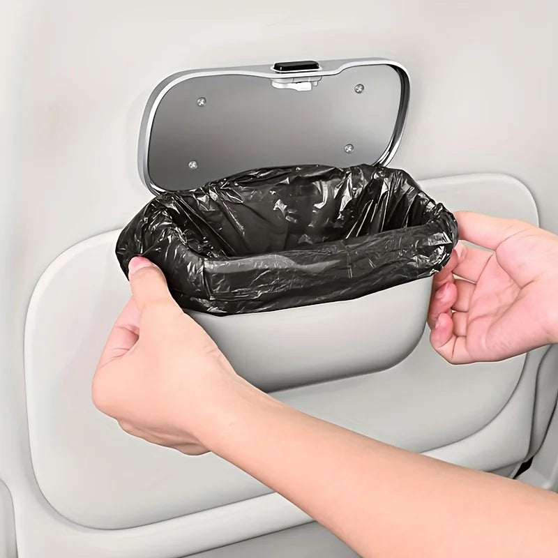 Car Trash Can with Lid and Mobile Phone Holder – 5L Rear Seat Hanging Storage Bin, Pressing-Type Square Waste Container - Delicate Leather  