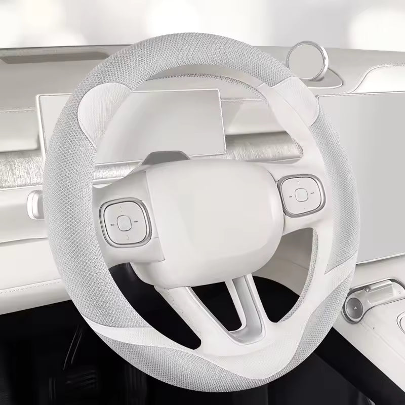 Kawaii Linen Steering Wheel Cover – Cute Bear Ear Universal 38CM Non-Slip Grip - Delicate Leather