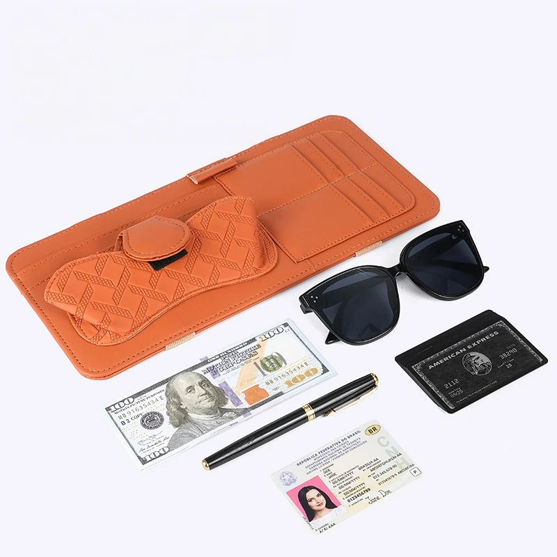 Car Sun Visor Organizer – Premium PU Leather Storage Box with Glasses Clip, Card Slots & Pen Holders - Delicate Leather  