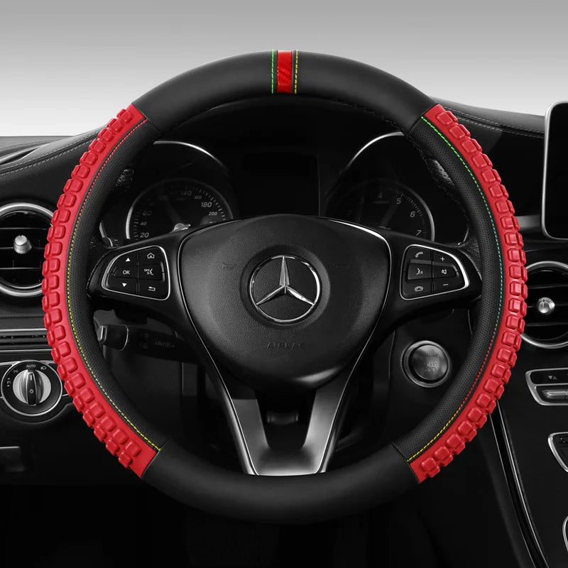 Sport Leather Steering Wheel Cover – Universal Car Handle Protector, Blue & Black - Delicate Leather  