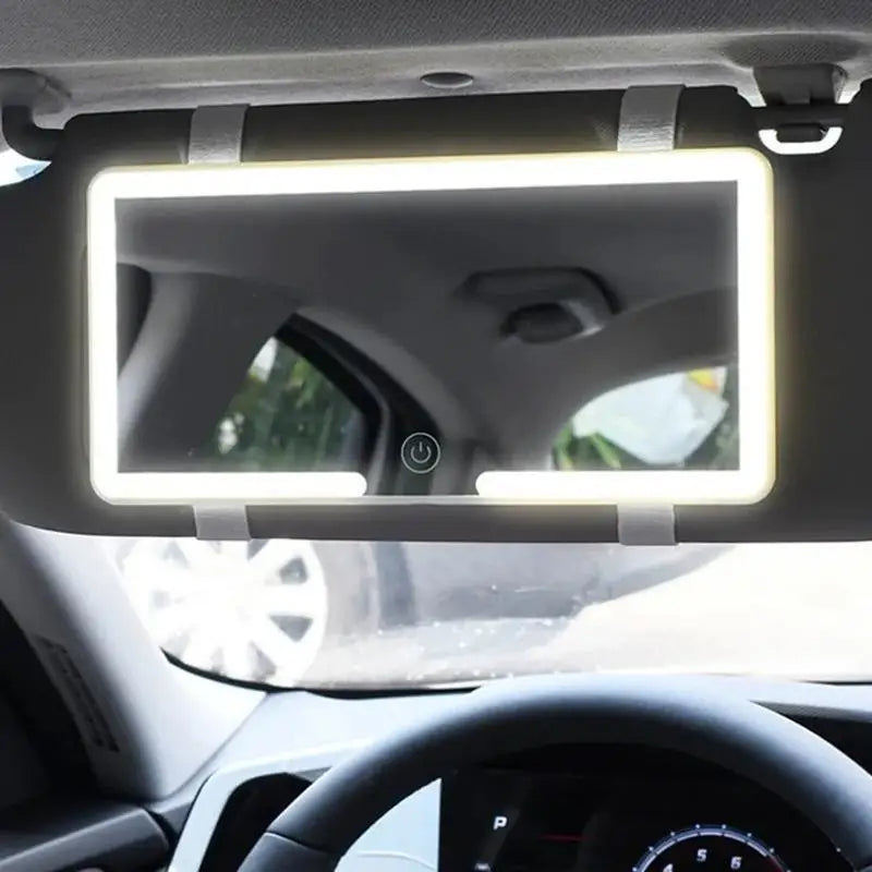 Rechargeable LED Car Vanity Mirror – Touch Sensor, Stepless Dimming, Sun Visor Mount - Delicate Leather  
