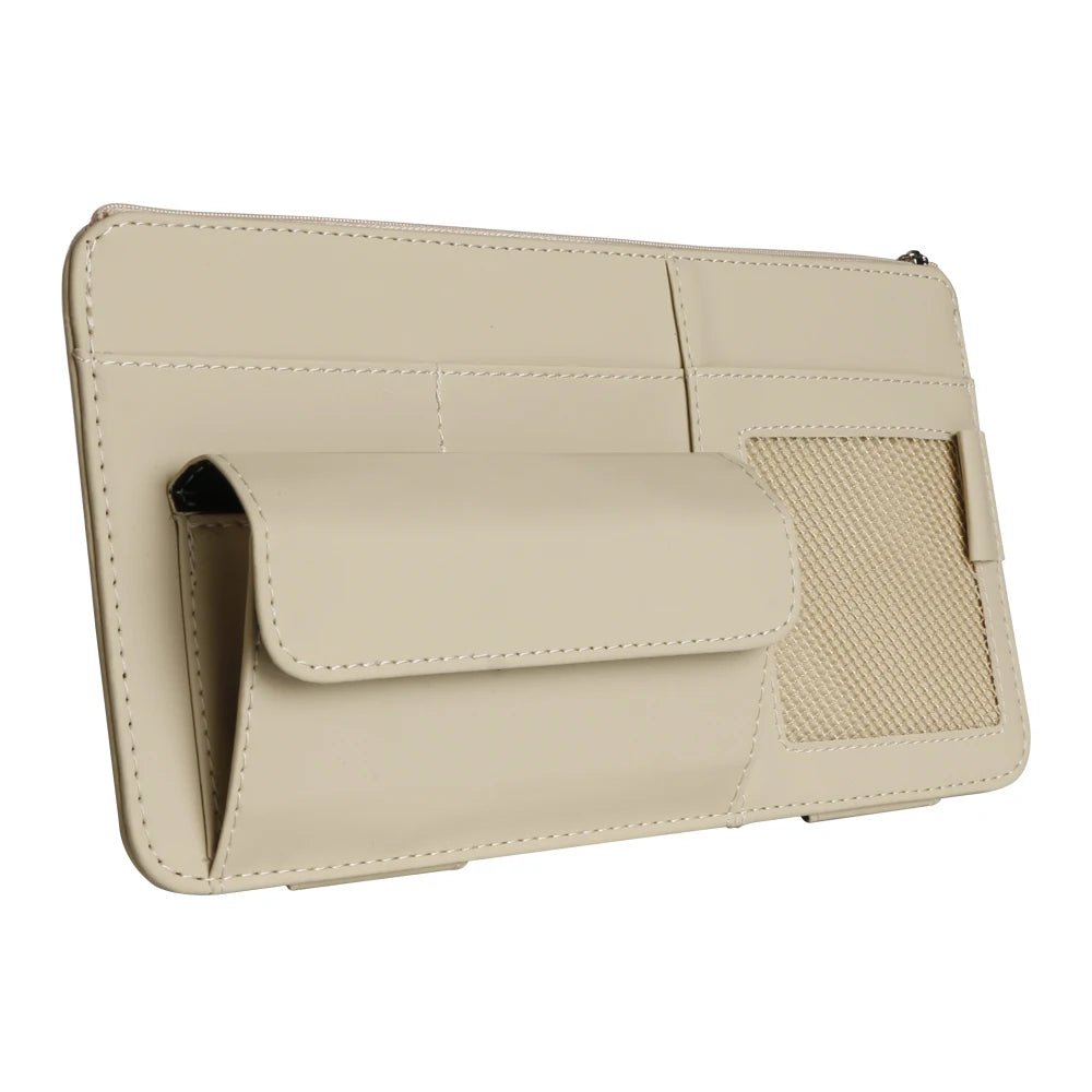 Car Sun Visor Organizer – PU Leather Storage with Glasses Holder, Card & Pen Slots - Delicate Leather  