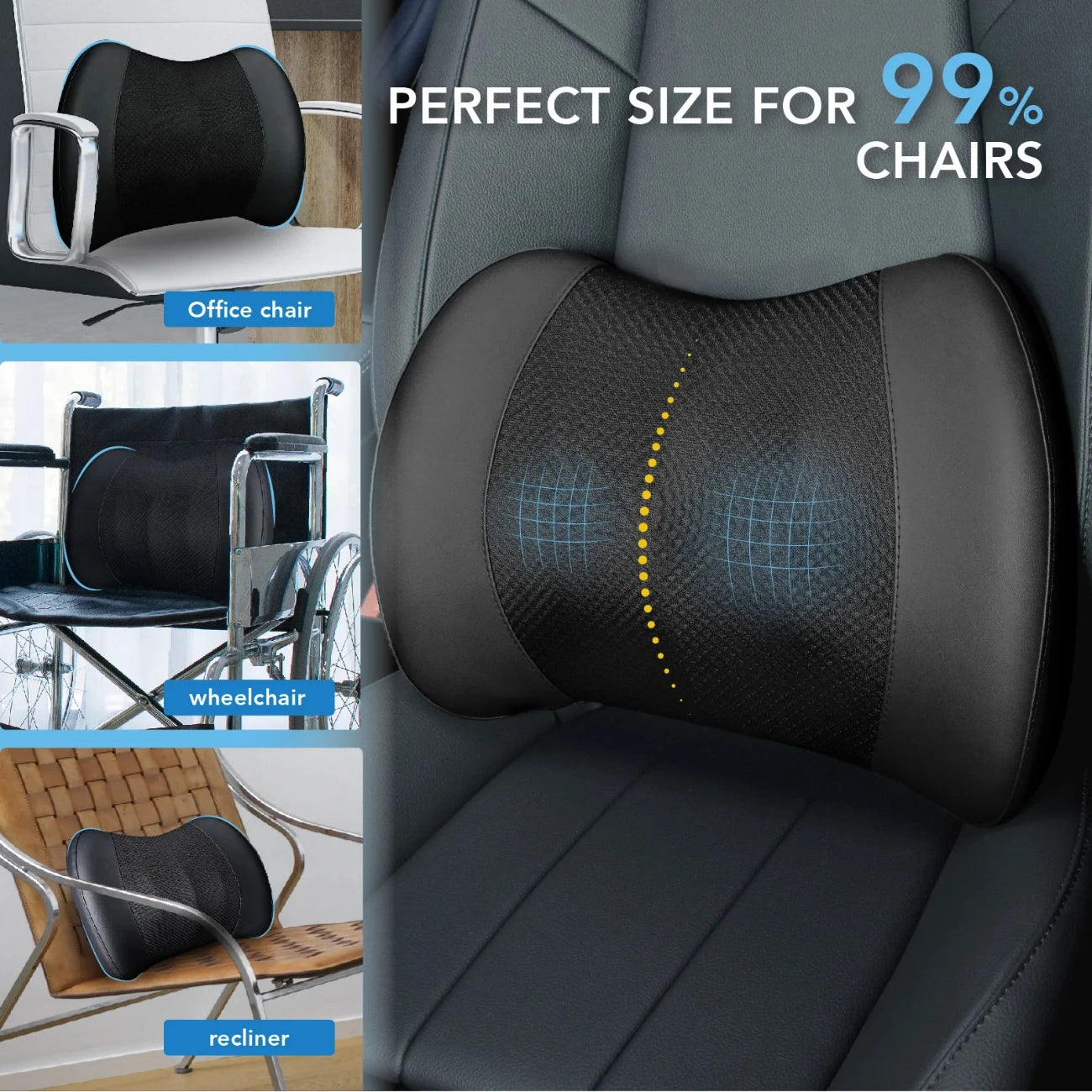 Ergonomic Memory Foam Lumbar Support Pillow – Mesh Back Cushion for Car, Office, and Wheelchair - Delicate Leather  