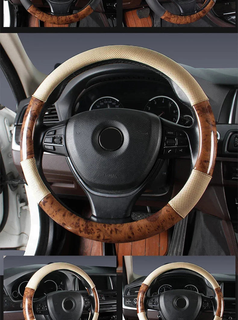 Wood Grain Steering Wheel Cover – PU Leather Anti-Slip Breathable 38cm Universal Fit - Delicate Leather  