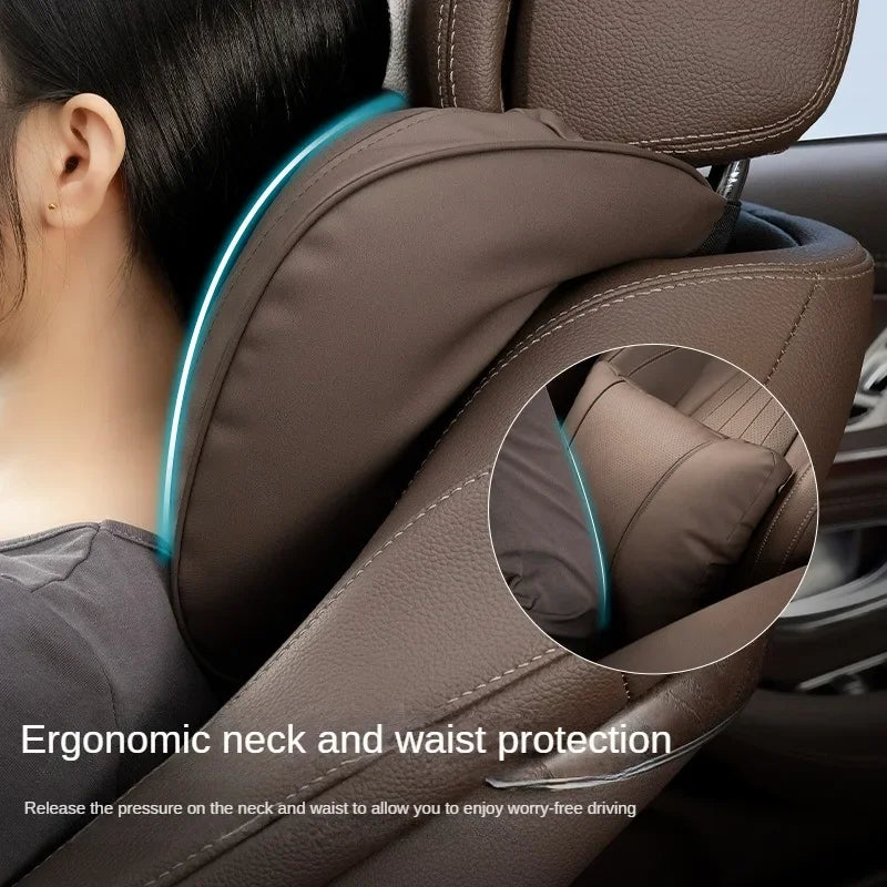 Car Headrest Neck & Waist Pillow – Nappa Leather Seat Support for Auto Comfort - Delicate Leather  