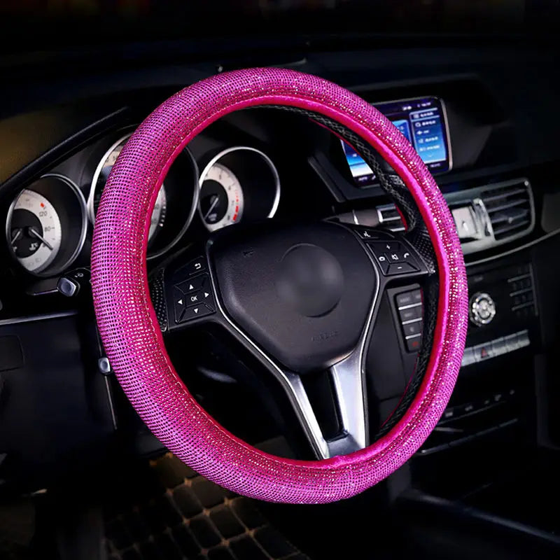 Crystal Rhinestone Steering Wheel Cover – Decorative Anti-Slip Car Interior Accessory - Delicate Leather  