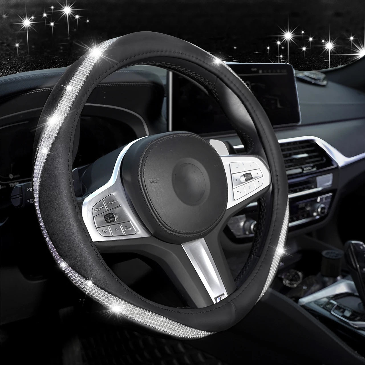 Rhinestone & PU Leather Steering Wheel Cover – Decorative Anti-Slip Grip - Delicate Leather  