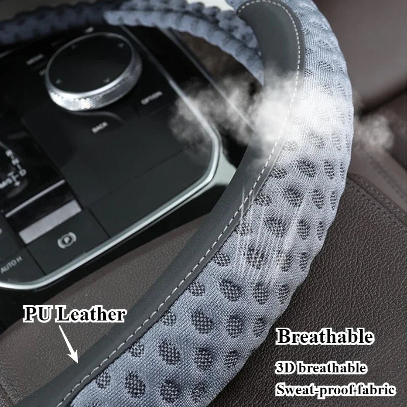 PU Leather Steering Wheel Cover – 3D Cooling Fabric, Non-Slip, O/D Shape, All-Season Comfort - Delicate Leather  