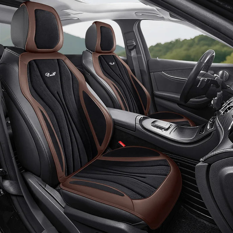 Luxury Suede Leather Car Seat Cover – Full Set Non-Slip Seat Cushion, Universal Car Interior Protection - Delicate Leather  