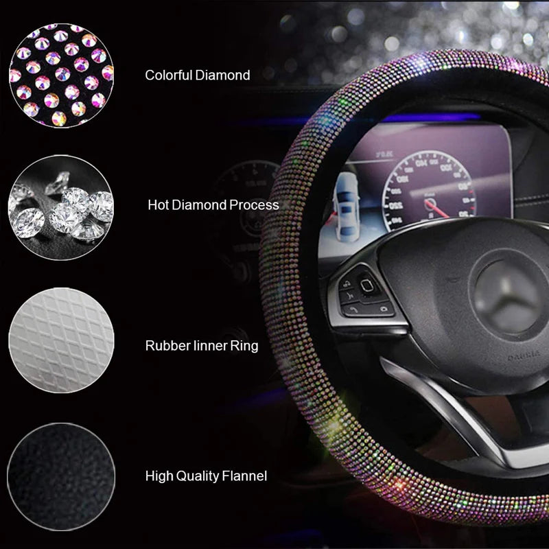 Crystal Rhinestone Steering Wheel Cover – Decorative Anti-Slip Universal Grip - Delicate Leather  