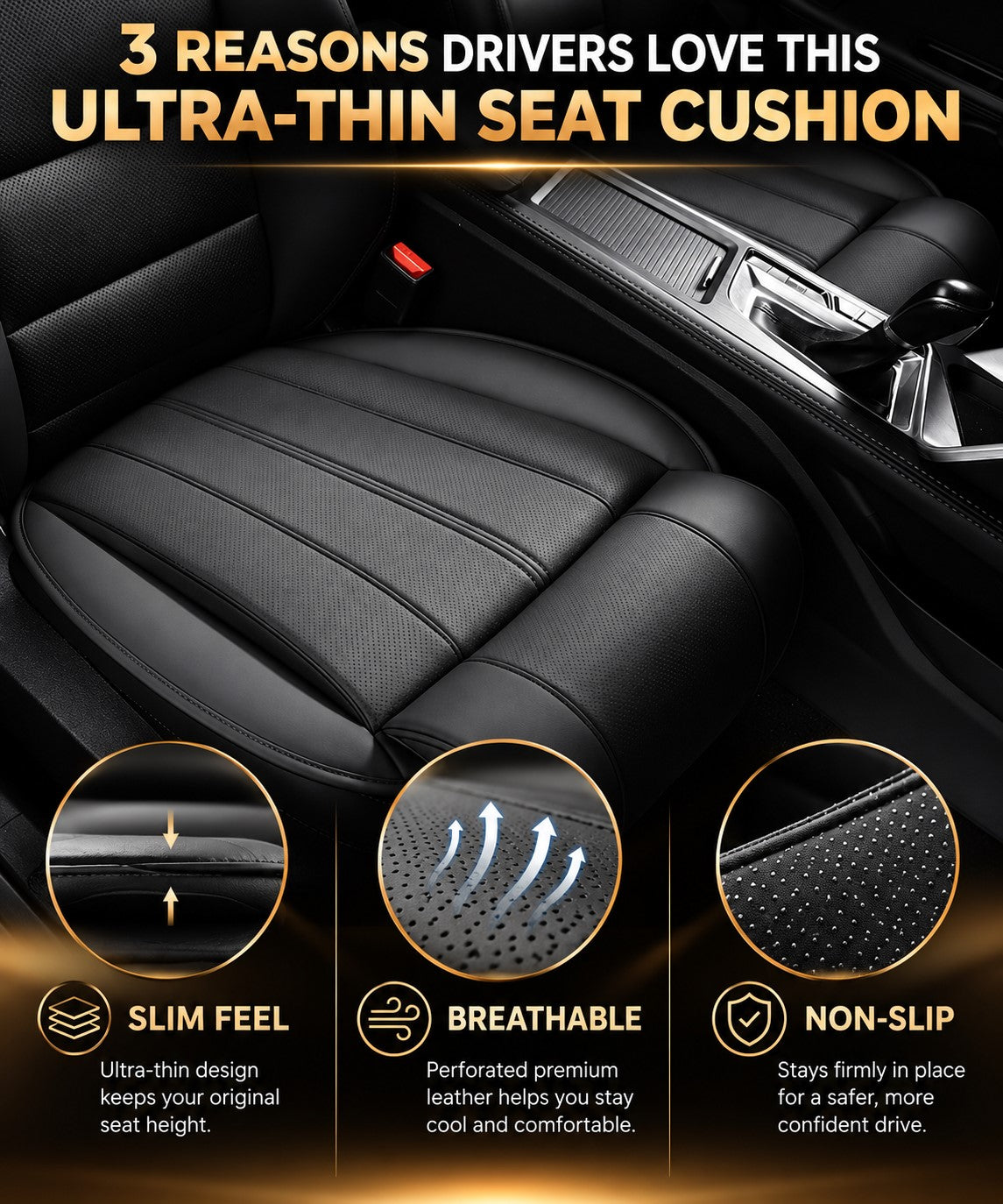 Car Seat Cushion with Extended Leg Support – Leather Anti-Slip Comfort Seat Pad - Delicate Leather