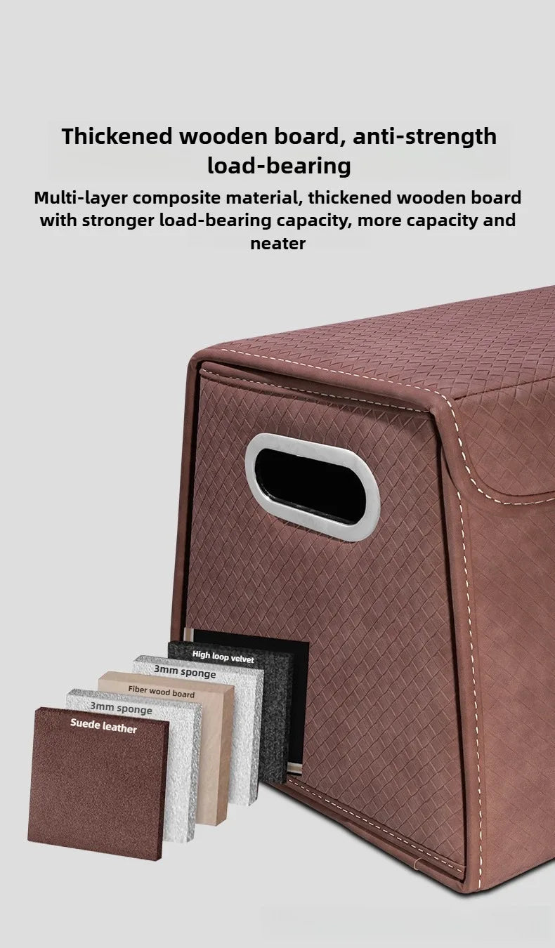 Foldable Trunk Organizer Box - Suede Leather Storage Box for Car, SUV, and Truck - Adjustable & Collapsible Auto Accessory - Delicate Leather  
