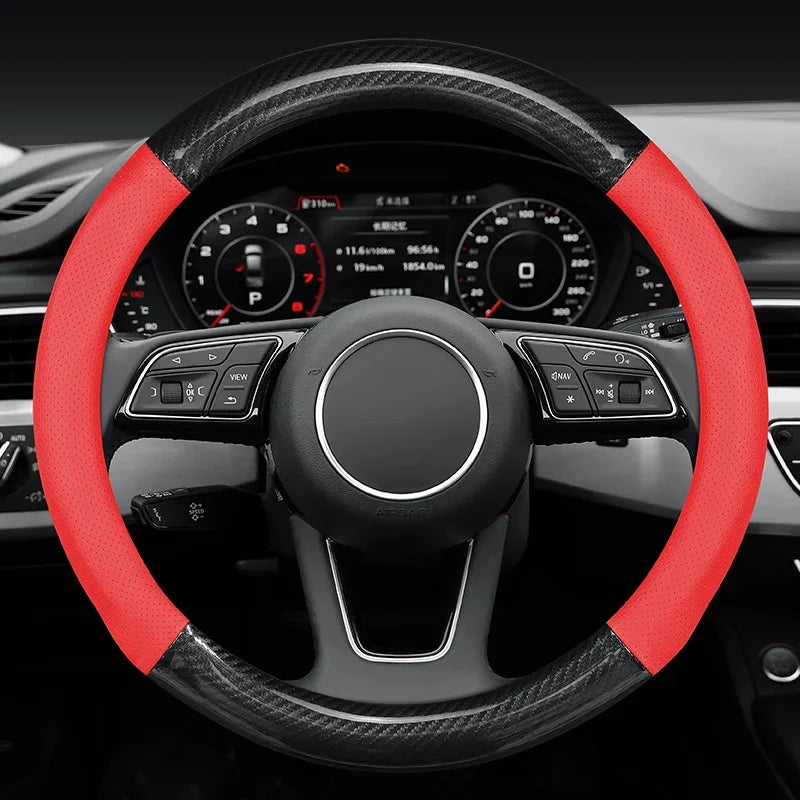 Dedicated-Fit Carbon Fiber Steering Wheel Cover – Non-Slip, Wear-Resistant, Universal 38cm Car Interior Accessory - Delicate Leather  