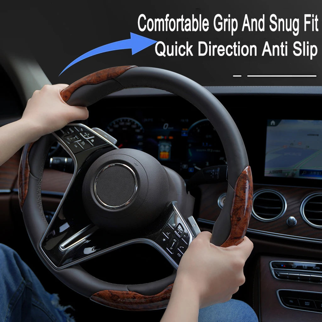 Peach Wood Grain Steering Wheel Cover – Ultra-Thin 38CM Non-Slip Segmented Grip - Delicate Leather