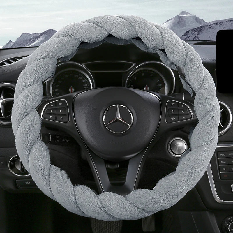 Plush Winter Steering Wheel Cover Universal – Cute Decorative Non-Slip Handle Cover for Car Interior - Delicate Leather  