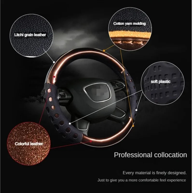 High-Quality PU Leather Steering Wheel Cover – 38CM Universal Fit, Dazzle Color Car Steering Wheel Protector, Anti-Slip Grip for All Seasons - Delicate Leather  