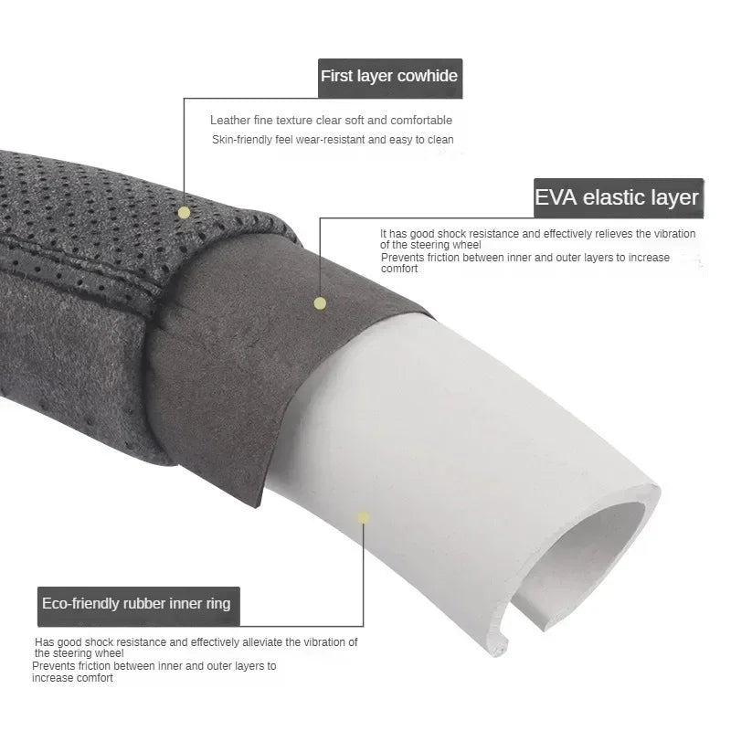 Top Layer Leather Steering Wheel Cover - Universal Fit for 37-38cm Outer Diameter - Luxurious Car Interior Accessories - Delicate Leather  