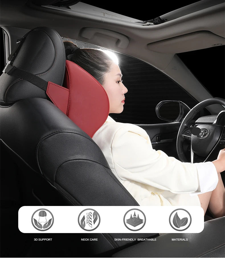 Memory Foam Car Neck Pillow & Lumbar Support Set – Breathable Seat Comfort Cushion - Delicate Leather  