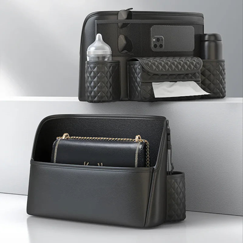 Leather Car Seat Middle Hanger Storage Bag – Luxury Between-Seat Handbag Holder with Tissue & Cup Pockets - Delicate Leather  