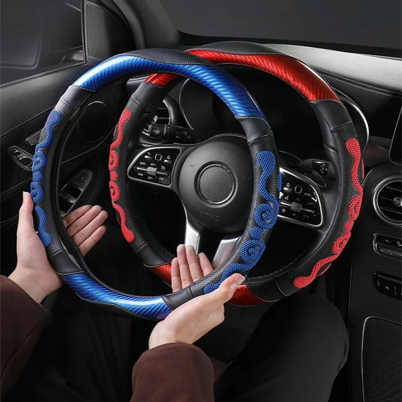 Universal Car Steering Wheel Cover – Carbon Fiber Leather with Breathable Honeycomb Silicone | Soft, Anti-Slip, All-Season Comfort Grip - Delicate Leather  