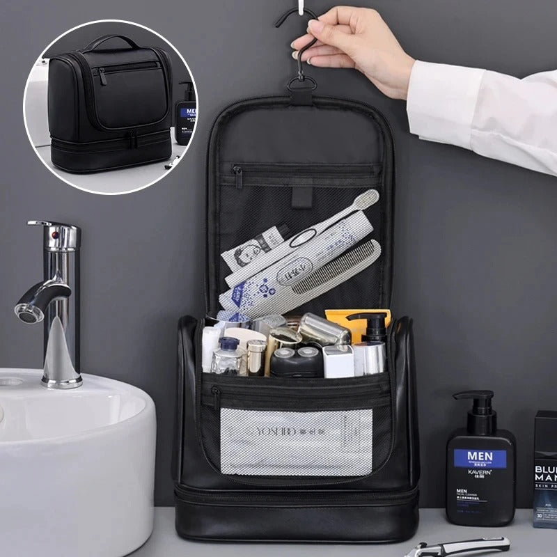 Men's PU Leather Toiletry Bag – Large Capacity Waterproof Travel Toiletry & Makeup Storage Bag with Handle - Delicate Leather