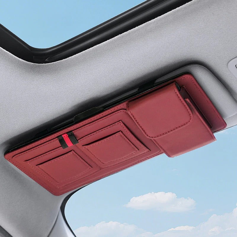 Leather Car Sun Visor Organizer – Universal Sunglasses Holder with Card & Pen Storage - Delicate Leather