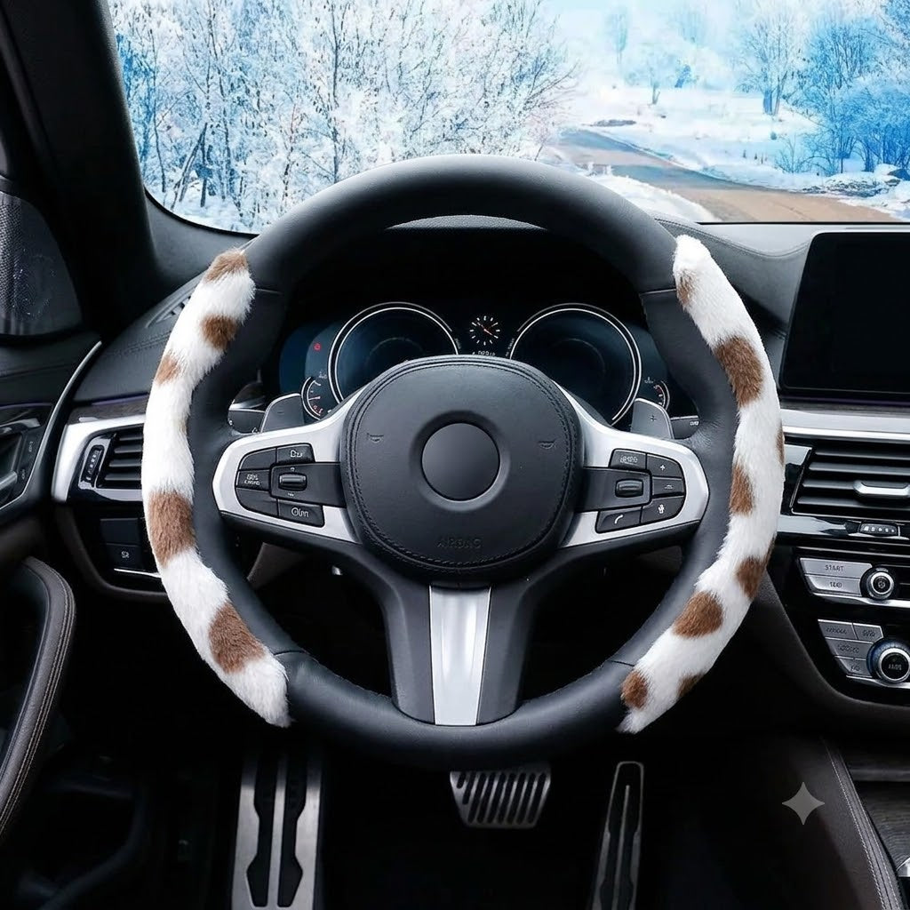 2PCS Plush Steering Wheel Cover – Winter Warm Soft Non-Slip Grip Set - Delicate Leather