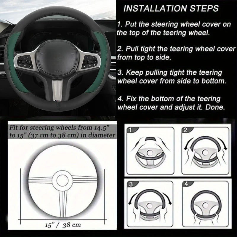 Color-Blocked PU Leather Steering Wheel Cover – Universal 14.5–15 Inch Breathable Non-Slip Grip - Delicate Leather