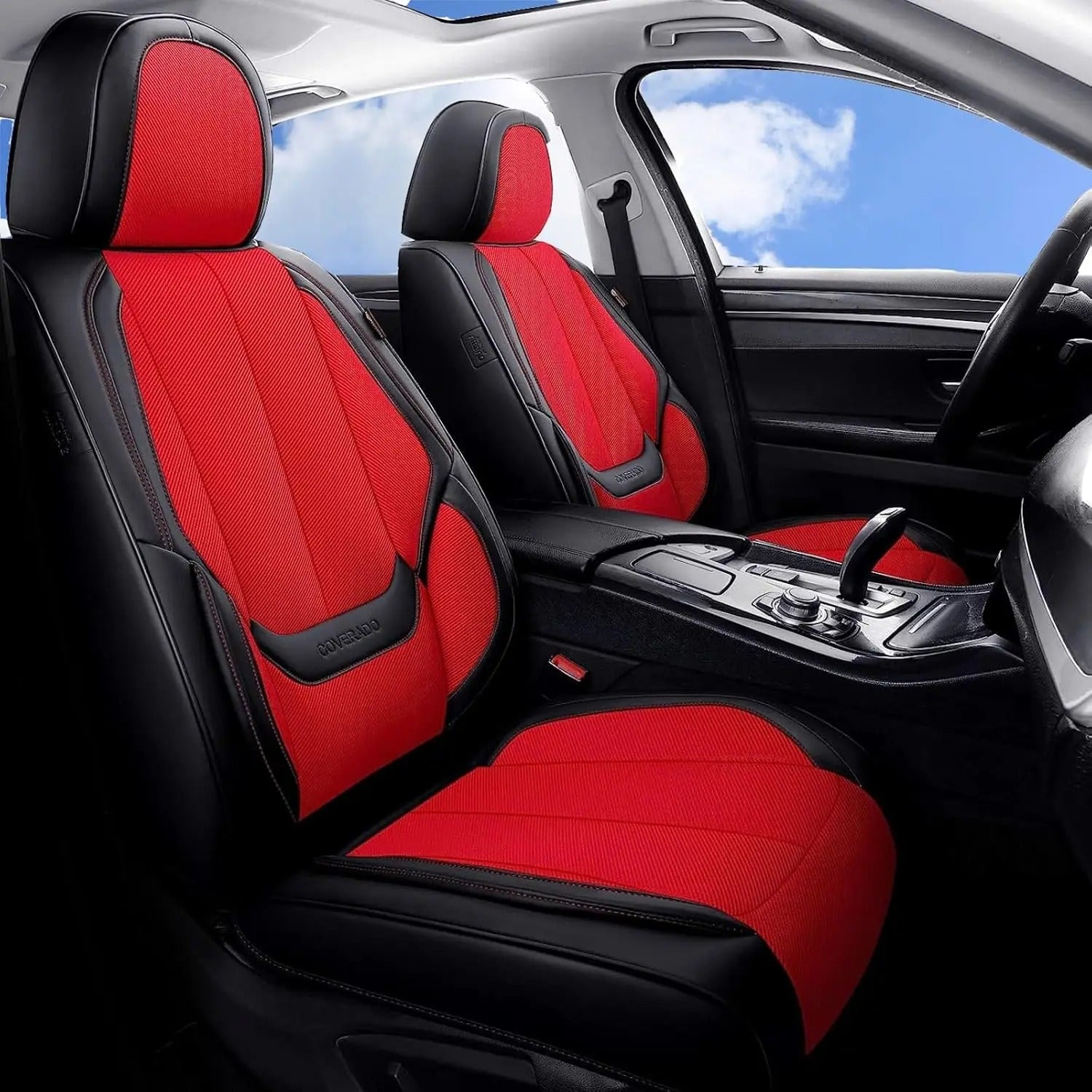Seat Covers Full Set – Breathable Fabric & Leather, Waterproof, Universal Fit (Black/Red)