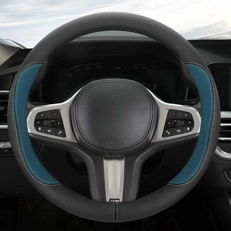Color-Blocked PU Leather Steering Wheel Cover – Universal 14.5–15 Inch Breathable Non-Slip Grip - Delicate Leather