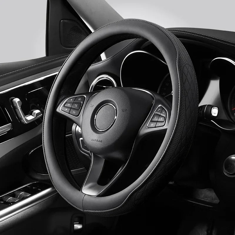 Embossed PU Leather Steering Wheel Cover – Anti-Slip Universal 15-Inch Fit - Delicate Leather  