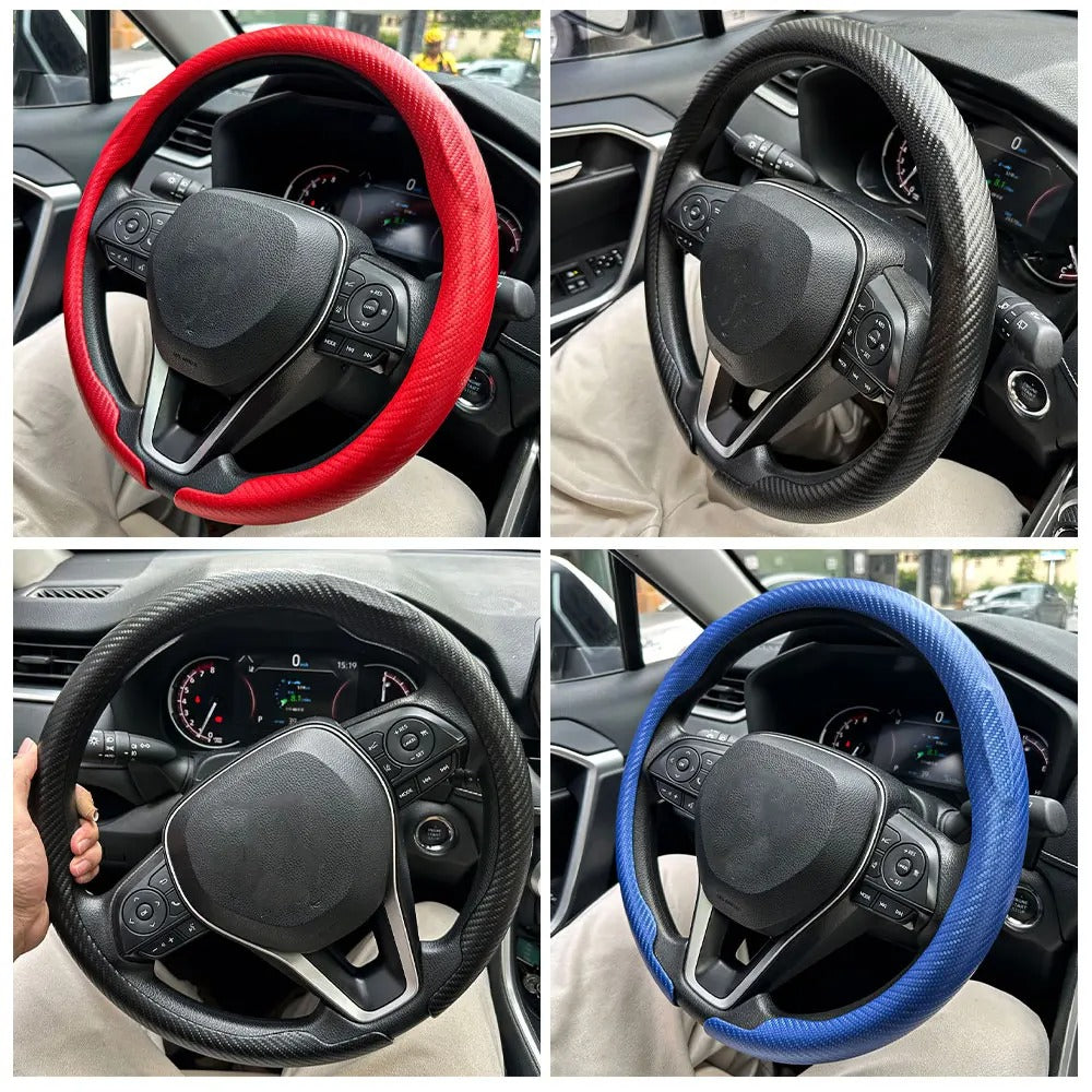 3D Carbon Fiber Texture Steering Wheel Cover – Universal Fit 38cm, Non-Slip, Synthetic Leather - Delicate Leather